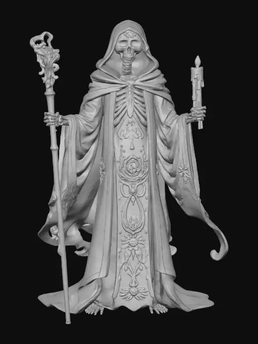 3D model for Infernal Keeper, The Sugar Skull Sorcerer tall skeletal mage covered in glowing sugar patterns, wielding staff tipped with candle flame, robes swirling with marigold motifs, textures: glossy enamel bone, matte fabric, glowing edge lines, translucent fire glow, full-body symmetrical, 8000k, 3D amazing, #Halloween2025#