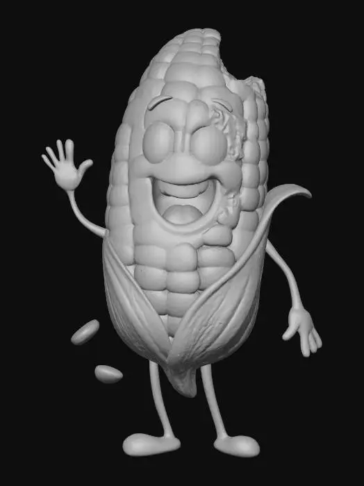 3D model for Corny CharacterA joyful anthropomorphic corn-on-the-cob man standing on a clean white background. His husk looks like a playful jacket, with thin corn-silk arms and legs. He has big, friendly cartoon eyes and a wide happy smile. A few big bites are taken out of his corn body, with a couple kernels falling away, but he still looks delighted. Add a small, lHigh-detail 3D character, glossy kernels, soft studio lighting, bright and upbeat mood., #Thanksgiving#
