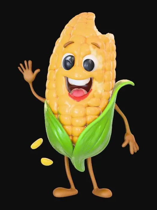3D model for Corny CharacterA joyful anthropomorphic corn-on-the-cob man standing on a clean white background. His husk looks like a playful jacket, with thin corn-silk arms and legs. He has big, friendly cartoon eyes and a wide happy smile. A few big bites are taken out of his corn body, with a couple kernels falling away, but he still looks delighted. Add a small, lHigh-detail 3D character, glossy kernels, soft studio lighting, bright and upbeat mood., #Thanksgiving#