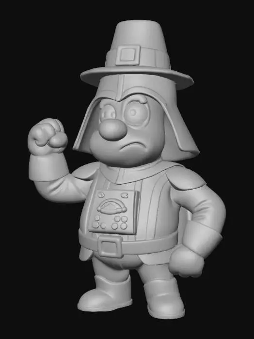 3D model for A goofy cartoon pilgrim wearing a playful black “dark-helm” costume inspired by sci-fi villains. He has a shiny rounded helmet with a tiny pilgrim hat sitting crookedly on top. His chest features a silly pie-shaped control panel with buttons shaped like berries. He stands proudly but looks a bit confused, all rendered in Chicken Run–style clay textures on a clean white backdrop., #Thanksgiving#