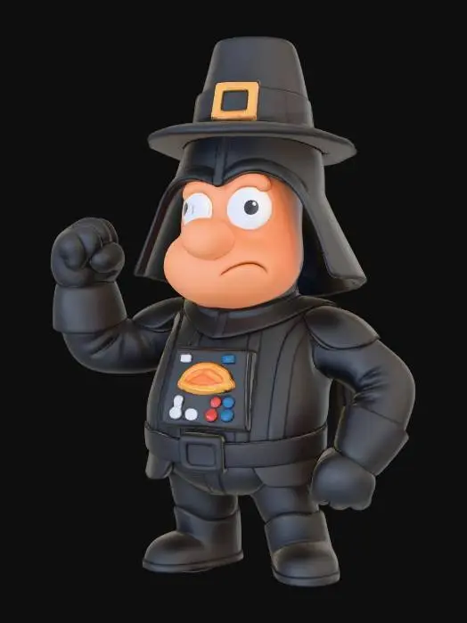 3D model for A goofy cartoon pilgrim wearing a playful black “dark-helm” costume inspired by sci-fi villains. He has a shiny rounded helmet with a tiny pilgrim hat sitting crookedly on top. His chest features a silly pie-shaped control panel with buttons shaped like berries. He stands proudly but looks a bit confused, all rendered in Chicken Run–style clay textures on a clean white backdrop., #Thanksgiving#