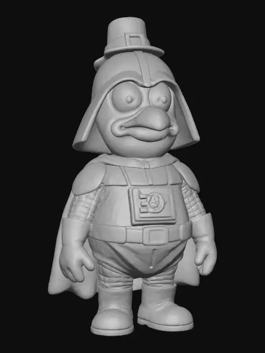 3D model for A goofy cartoon pilgrim wearing a playful black “dark-helm” costume inspired by sci-fi villains. He has a shiny rounded helmet with a tiny pilgrim hat sitting crookedly on top. His chest features a silly pie-shaped control panel with buttons shaped like berries. He stands proudly but looks a bit confused, all rendered in Chicken Run–style clay textures on a clean white backdrop., #Thanksgiving#