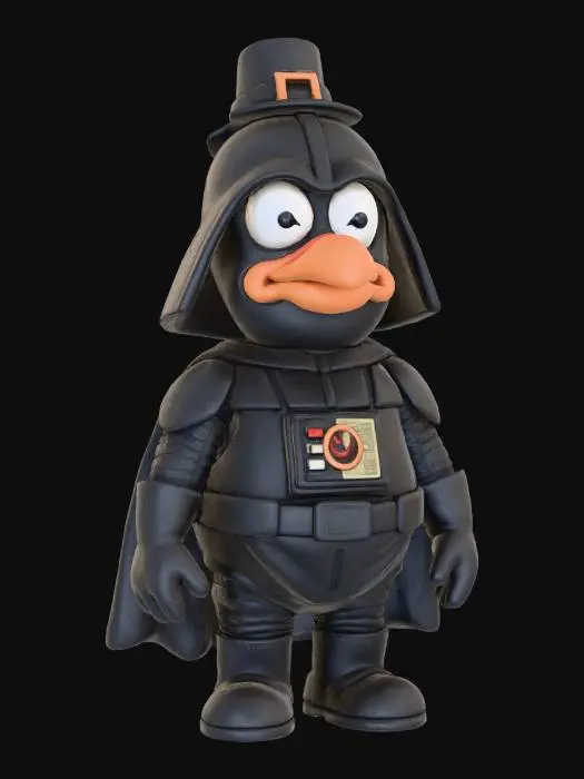 3D model for A goofy cartoon pilgrim wearing a playful black “dark-helm” costume inspired by sci-fi villains. He has a shiny rounded helmet with a tiny pilgrim hat sitting crookedly on top. His chest features a silly pie-shaped control panel with buttons shaped like berries. He stands proudly but looks a bit confused, all rendered in Chicken Run–style clay textures on a clean white backdrop., #Thanksgiving#