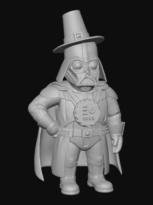3D model for A goofy cartoon pilgrim wearing a playful black “dark-helm” costume inspired by sci-fi villains. He has a shiny rounded helmet with a tiny pilgrim hat sitting crookedly on top. His chest features a silly pie-shaped control panel with buttons shaped like berries. He stands proudly but looks a bit confused, all rendered in Chicken Run–style clay textures on a clean white backdrop., #Thanksgiving#