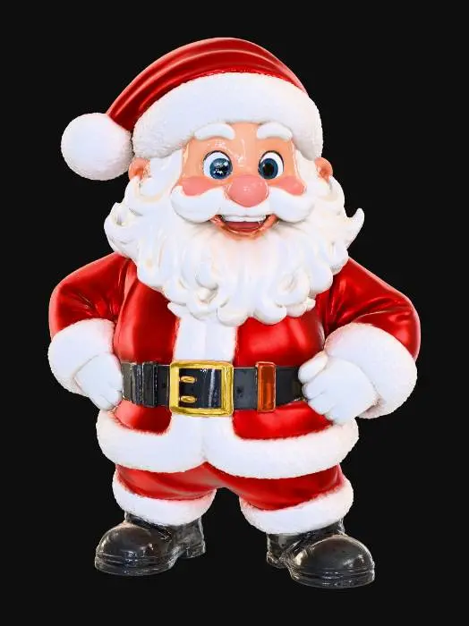 3D model for Joyful Pixar-style Santa Claus character, chubby and warm proportions, oversized head and hands, rounded cartoon anatomy, bright rosy cheeks, large friendly eyes, thick white beard with soft curled strands, wearing a rich red velvet Santa suit with fluffy white trim, black belt with gold buckle, black boots, confident heroic pose with hands on hips, friendly smiling expression, stylized ultra-detailed 3D cartoon character, smooth clean surfaces, well-defined silhouette, clean topology, high-poly sculpt, cinematic 8000K studio lighting, evenly lit, white seamless studio background, #Christmas2025#