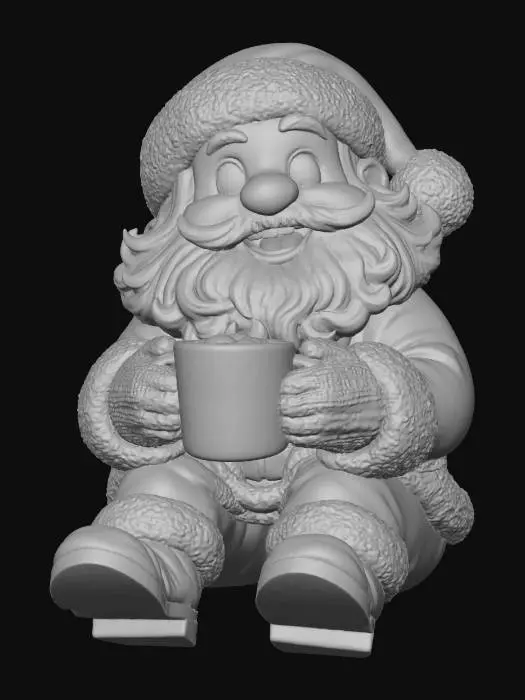 3D model for A cozy Pixar-style Santa Claus sitting slightly forward, holding a mug of hot cocoa, round cartoon proportions, expressive eyes, soft fabric folds, fluffy beard and mustache, knitted gloves, warm and inviting expression, stylized 3D character, clean topology, global illumination, 8000K lighting, white background, #Christmas2025#