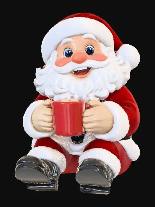 3D model for A cozy Pixar-style Santa Claus sitting slightly forward, holding a mug of hot cocoa, round cartoon proportions, expressive eyes, soft fabric folds, fluffy beard and mustache, knitted gloves, warm and inviting expression, stylized 3D character, clean topology, global illumination, 8000K lighting, white background, #Christmas2025#