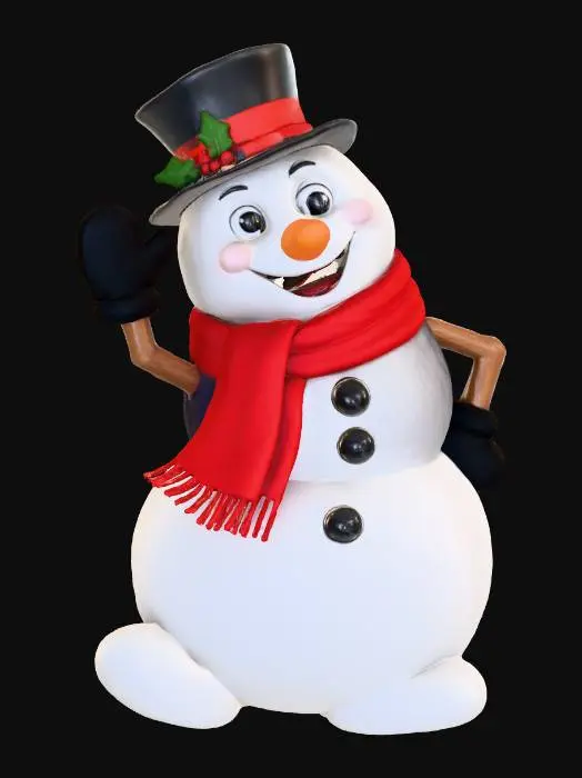3D model for A Pixar-style Frosty the Snowman character, round snowball body, oversized expressive eyes, carrot nose, coal smile, red scarf and black top hat, slightly leaning pose with one hand waving, smooth snow texture, glossy cartoon finish, highly detailed 3D sculpt, 8000K studio lighting, white background, #Christmas2025#