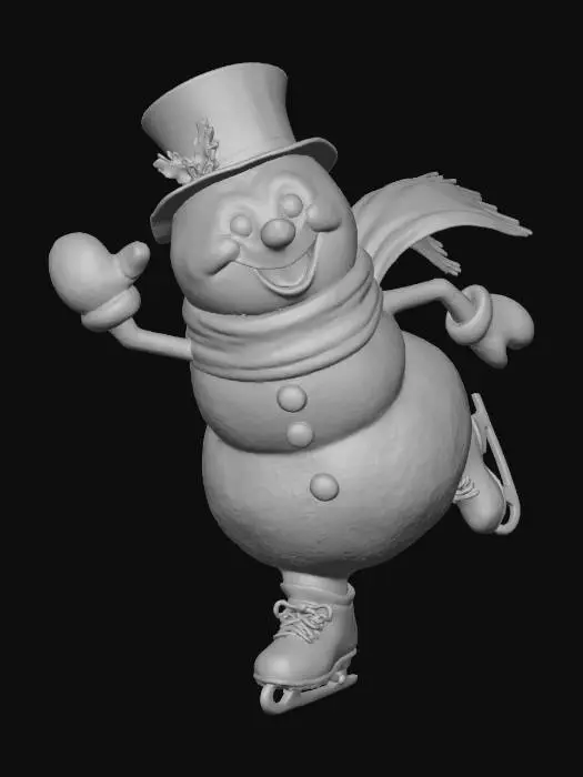3D model for A playful Pixar-style snowman ice skater, dynamic pose with bent knees, carrot nose and joyful grin, scarf flowing as if in motion, rounded cartoon proportions, stylized 3D model, smooth shading, clean geometry, bright 8000K lighting, white seamless background, #Christmas2025#