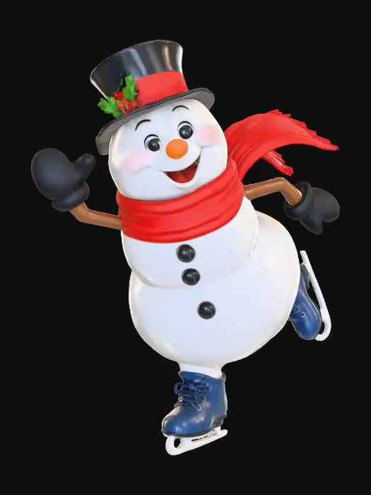 3D model for A playful Pixar-style snowman ice skater, dynamic pose with bent knees, carrot nose and joyful grin, scarf flowing as if in motion, rounded cartoon proportions, stylized 3D model, smooth shading, clean geometry, bright 8000K lighting, white seamless background, #Christmas2025#
