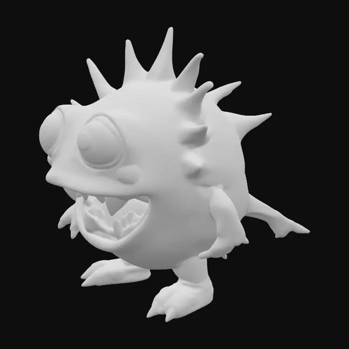 3D model for pink spiky round monster with big googly eyes. The monster starts with its mouth closed, then slowly moves forward from the background to the foreground while gradually opening its huge wide mouth with sharp cartoonish teeth, as if ready to eat someone. After holding open for a moment, the mouth slowly closes back to its original closed size and expression. The monster then returns smoothly to its starting position and pose, creating a perfect loop. Glossy toy-like plastic texture, neon pink and teal colors, dark blue-to-black gradient background, cinematic lighting, camera still and centered, Pixar-meets-horror cartoon aesthetic.
