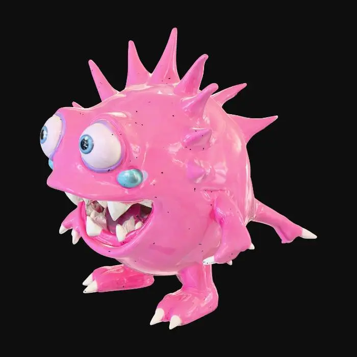 3D model for pink spiky round monster with big googly eyes. The monster starts with its mouth closed, then slowly moves forward from the background to the foreground while gradually opening its huge wide mouth with sharp cartoonish teeth, as if ready to eat someone. After holding open for a moment, the mouth slowly closes back to its original closed size and expression. The monster then returns smoothly to its starting position and pose, creating a perfect loop. Glossy toy-like plastic texture, neon pink and teal colors, dark blue-to-black gradient background, cinematic lighting, camera still and centered, Pixar-meets-horror cartoon aesthetic.
