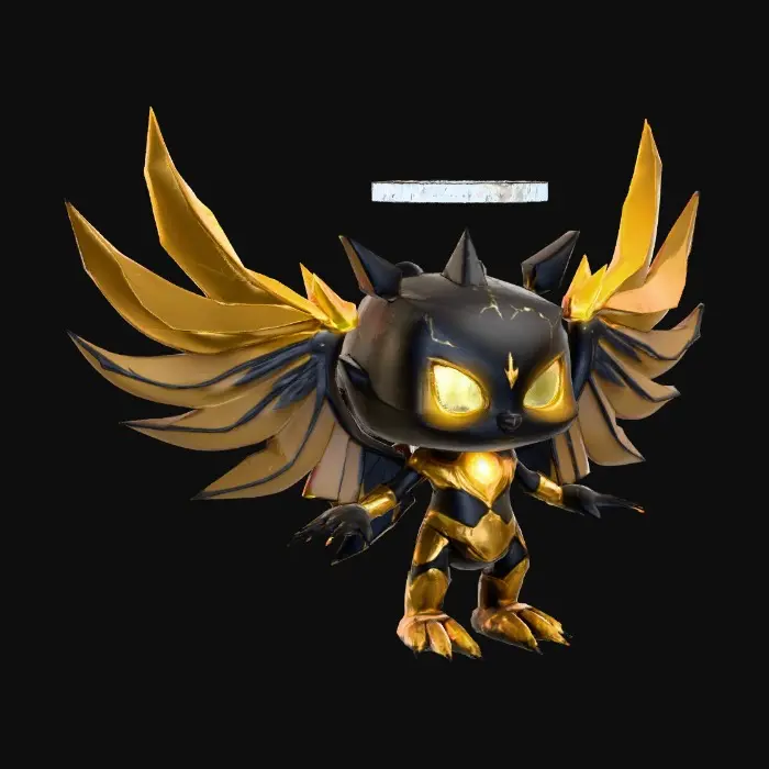 3D model for The Hollow Seraph (Cartoon)

cartoon fallen angel with six jagged wings, cracked halo, glowing white eyes, bright gold and black color palette, stylized armor with glowing symbols, confident pose, expressive face, full-body cartoon style on white background, extreme detail