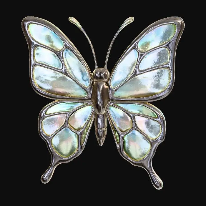 3D model for give me 30 still frames of an animation of a butterfly opening it's wings. the butterfly's frame should be in silver chrome, and the colorful parts are opal.