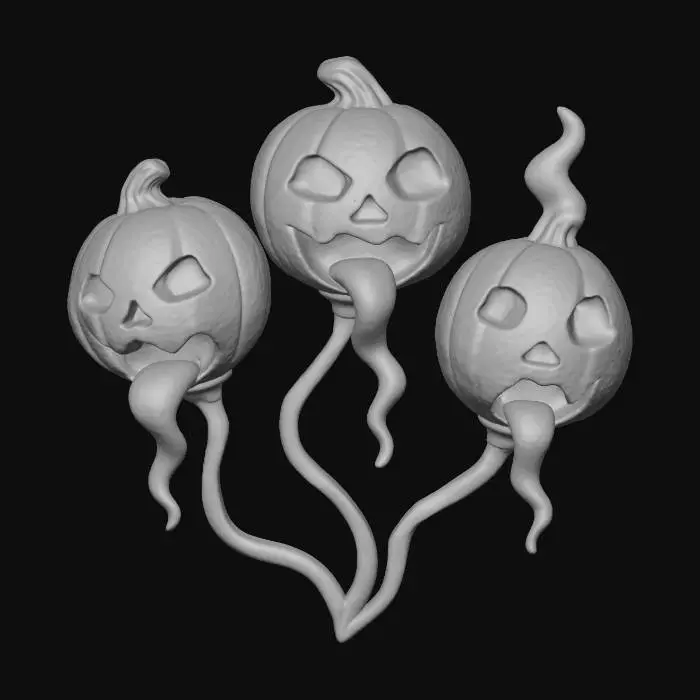 3D model for The Hollow Choir

> cluster of three floating alien heads shaped like cracked pumpkins singing in harmony, connected by glowing tendrils, each mouth emitting colored plasma, textures: matte rind skin, glassy inner glow, elastic vine tendrils, iridescent light sheen, full-body symmetrical arrangement, #Halloween2025#