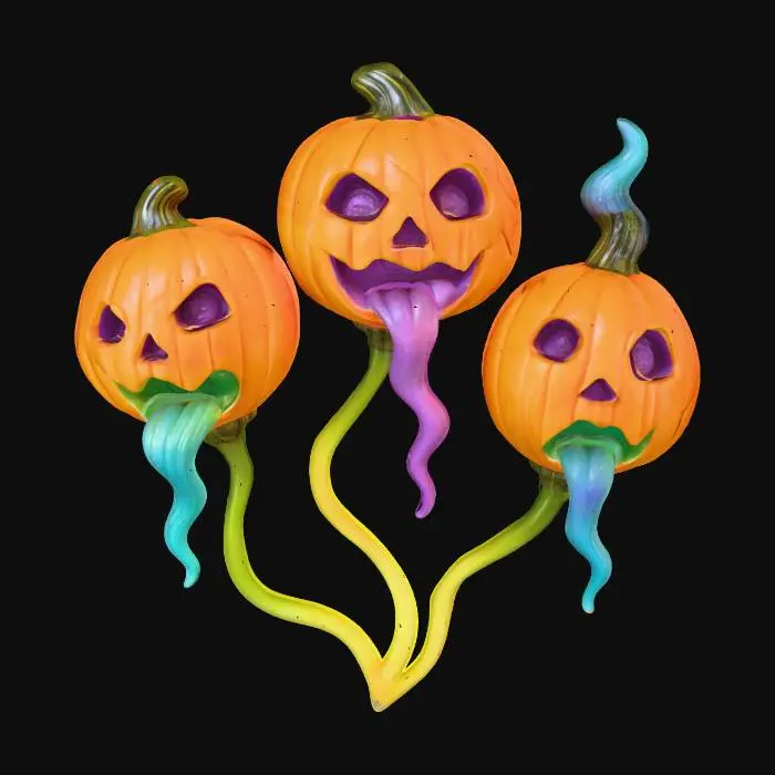 3D model for The Hollow Choir

> cluster of three floating alien heads shaped like cracked pumpkins singing in harmony, connected by glowing tendrils, each mouth emitting colored plasma, textures: matte rind skin, glassy inner glow, elastic vine tendrils, iridescent light sheen, full-body symmetrical arrangement, #Halloween2025#