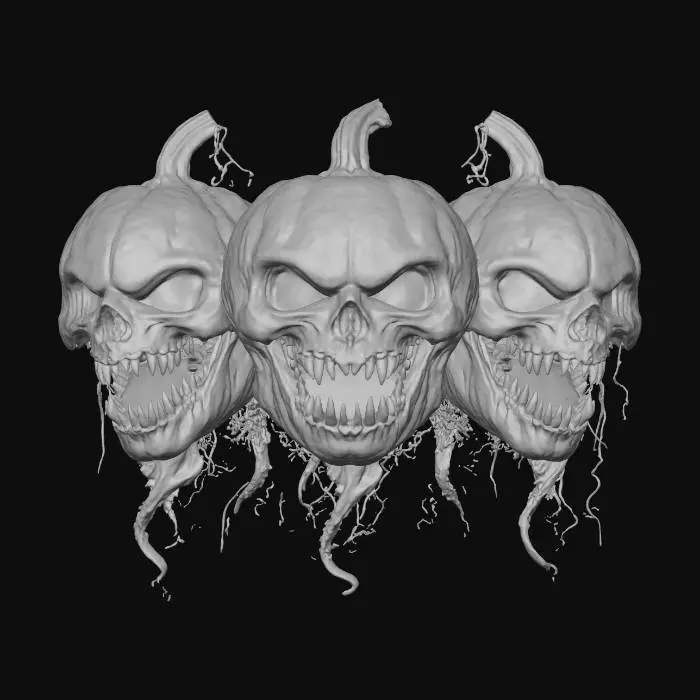 3D model for The Hollow Choir > cluster of three floating alien heads shaped like cracked pumpkins singing in harmony, connected by glowing tendrils, each mouth emitting colored plasma, textures: matte rind skin, glassy inner glow, elastic vine tendrils, iridescent light sheen, full-body symmetrical, #Halloween2025#