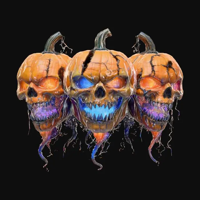 3D model for The Hollow Choir > cluster of three floating alien heads shaped like cracked pumpkins singing in harmony, connected by glowing tendrils, each mouth emitting colored plasma, textures: matte rind skin, glassy inner glow, elastic vine tendrils, iridescent light sheen, full-body symmetrical, #Halloween2025#