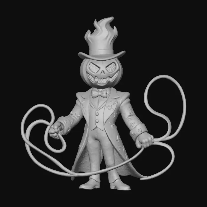 3D model for The Cosmic Ringmaster

tall alien with jack-o’-lantern skull under a top hat made of black flame, wearing red velvet tailcoat covered in gold star symbols, grinning mouth glowing blue, holding whip made of plasma ribbons, textures: glossy silk fabric, molten glass teeth, polished bone structure, glowing whip strands, full, #Halloween2025#