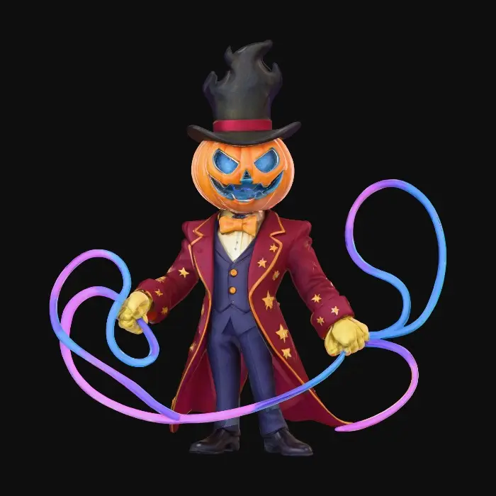 3D model for The Cosmic Ringmaster

tall alien with jack-o’-lantern skull under a top hat made of black flame, wearing red velvet tailcoat covered in gold star symbols, grinning mouth glowing blue, holding whip made of plasma ribbons, textures: glossy silk fabric, molten glass teeth, polished bone structure, glowing whip strands, full, #Halloween2025#