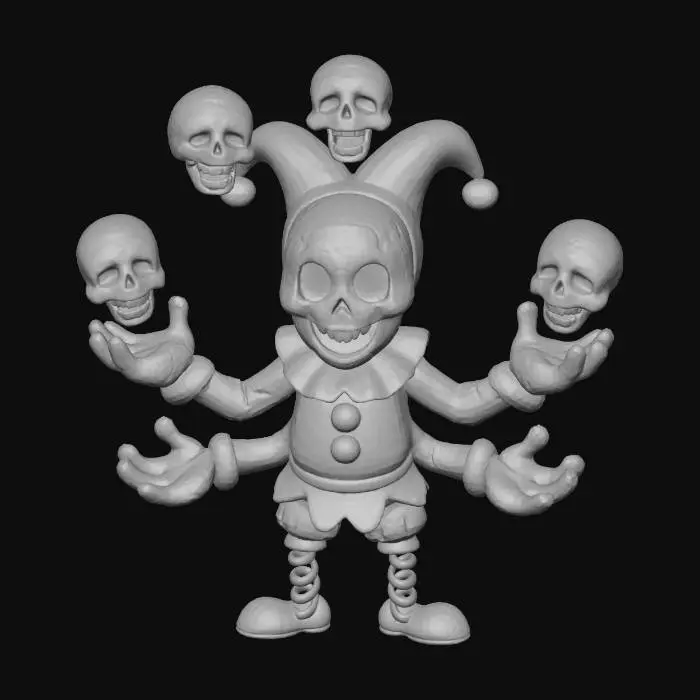 3D model for Gribble the Grave Jester

bouncy alien clown with cracked porcelain face, glowing green tears, four arms juggling skulls that giggle, legs like spring coils, textures: cracked ceramic mask, rubbery costume fabric, translucent glowing skulls, metallic coil springs, full-body symmetrical cartoon style, #Halloween2025#