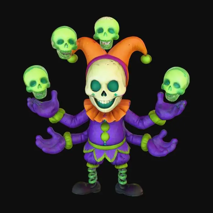3D model for Gribble the Grave Jester

bouncy alien clown with cracked porcelain face, glowing green tears, four arms juggling skulls that giggle, legs like spring coils, textures: cracked ceramic mask, rubbery costume fabric, translucent glowing skulls, metallic coil springs, full-body symmetrical cartoon style, #Halloween2025#