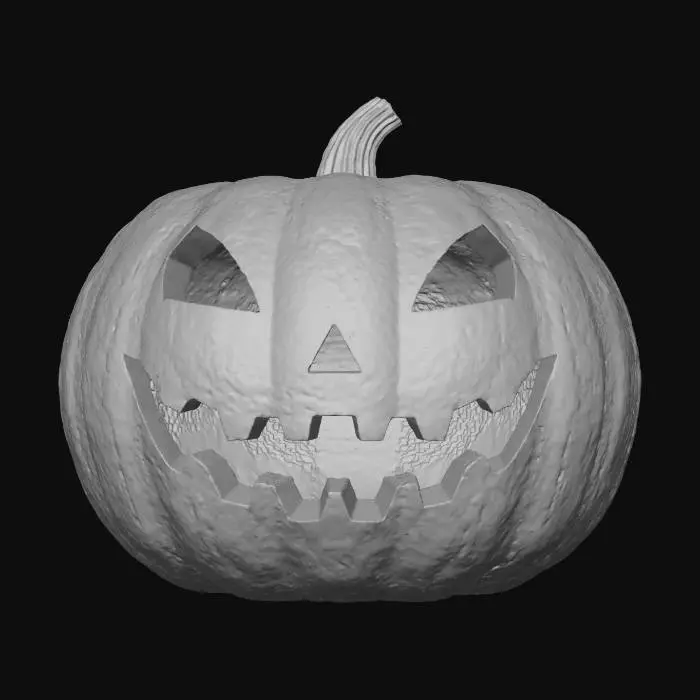 3D model for 3D carved pumpkin jack-o’-lantern, glowing from within with warm candlelight — hyper-detailed ridges, carved facial features with realistic depth and roughness — dramatic Halloween mood lighting with soft shadows — clean white background — ultra-realistic PBR surface, visible stem fibers, detailed candle interior — 8K cinematic render -ready for 3D modeling or texturing, #Halloween2025#