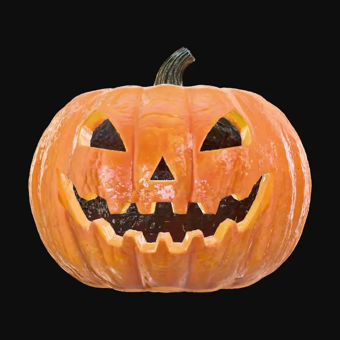 3D model for 3D carved pumpkin jack-o’-lantern, glowing from within with warm candlelight — hyper-detailed ridges, carved facial features with realistic depth and roughness — dramatic Halloween mood lighting with soft shadows — clean white background — ultra-realistic PBR surface, visible stem fibers, detailed candle interior — 8K cinematic render -ready for 3D modeling or texturing, #Halloween2025#