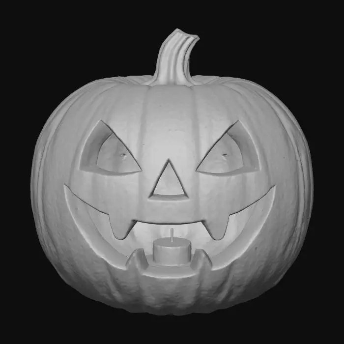 3D model for 3D carved pumpkin jack-o’-lantern, glowing from within with warm candlelight — hyper-detailed ridges, carved facial features with realistic depth and roughness — dramatic Halloween mood lighting with soft shadows — clean white background — ultra-realistic PBR surface, visible stem fibers, detailed candle interior — 8K cinematic render -ready for 3D modeling or texturing, #Halloween2025#