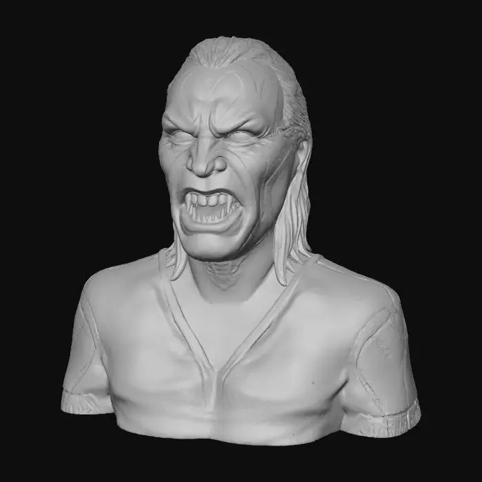 3D model for Ultra-detailed cinematic portrait of a terrifying vampire rocker with demonic features, shot in extreme close-up. The character’s face is painted in black and white corpse paint, with symmetrical, jagged designs resembling the iconic heavy metal aesthetic. The skin texture is hyperrealistic, showing sweat, pores, wrinkles, and shine, especially under dramatic colored lighting — red and purple tones reflecting off the wet surface of the skin. The eyes glow with a deep red hue, filled with rage and menace.

The mouth is open wide in an aggressive snarl, revealing long, jagged, yellowed fangs and crooked teeth coated with a subtle sheen, suggesting decay and hunger. The lighting setup uses harsh red and orange rim lights on one side, and cool purple-blue highlights on the other, creating a mo