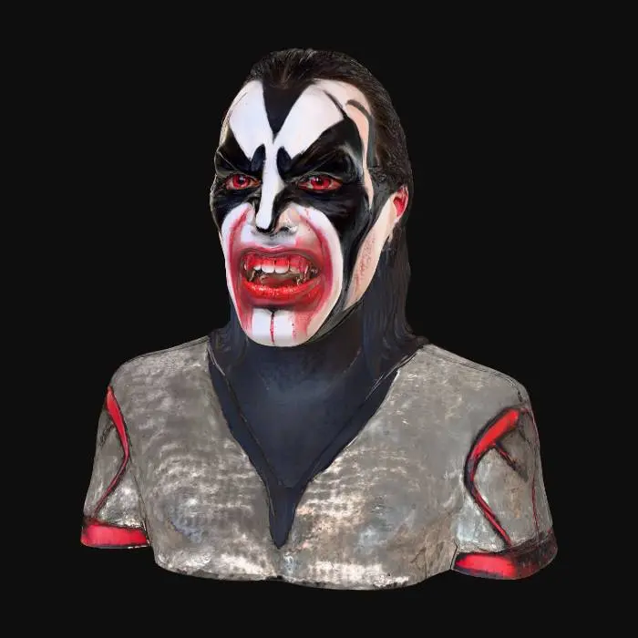 3D model for Ultra-detailed cinematic portrait of a terrifying vampire rocker with demonic features, shot in extreme close-up. The character’s face is painted in black and white corpse paint, with symmetrical, jagged designs resembling the iconic heavy metal aesthetic. The skin texture is hyperrealistic, showing sweat, pores, wrinkles, and shine, especially under dramatic colored lighting — red and purple tones reflecting off the wet surface of the skin. The eyes glow with a deep red hue, filled with rage and menace.

The mouth is open wide in an aggressive snarl, revealing long, jagged, yellowed fangs and crooked teeth coated with a subtle sheen, suggesting decay and hunger. The lighting setup uses harsh red and orange rim lights on one side, and cool purple-blue highlights on the other, creating a mo