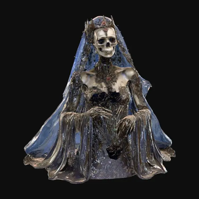 3D model for Corpse Bride Queen

undead queen rising from her tomb, skeletal frame adorned in decayed wedding gown and rusted jewelry, holding black roses, ghostly veil floating, candlelit crypt background, eerie blue lighting, photorealistic undead fantasy villain design, cinematic 3D render, #Halloween2025#