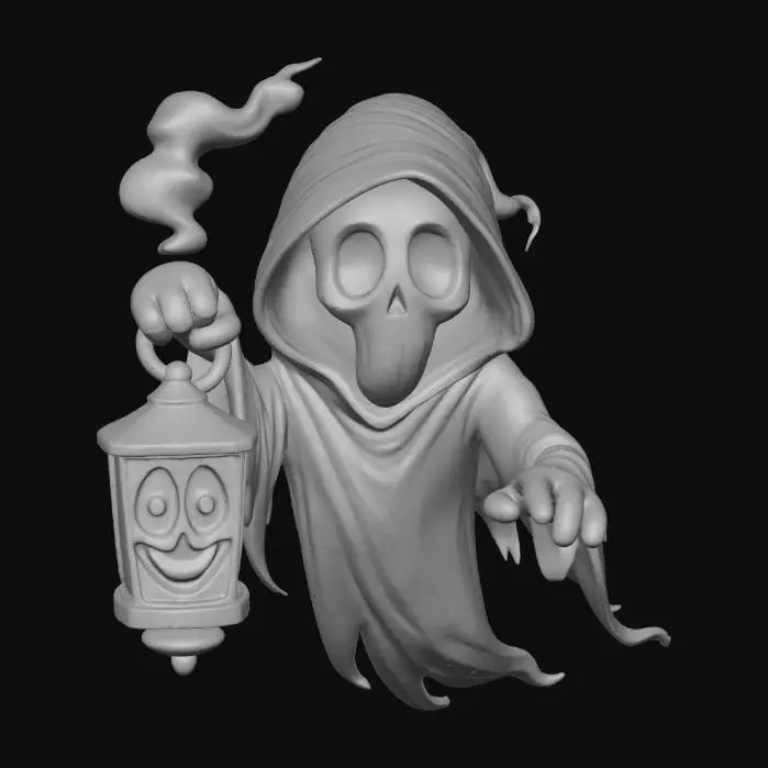 3D model for Ghostly Lantern Bearer, The Lantern Wraith
> floating ghost holding lantern containing its own face, smoke rising from hollow eyes, tattered cloak drifting, textures: translucent smoke, glowing glass lantern, frayed fabric edges, soft spectral light, full-body symmetrical