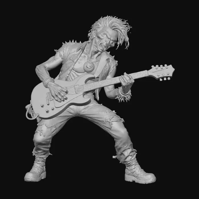 3D model for Create a hyper-detailed 3D model of a menacing undead rock mascot playing an electric guitar, pumpkin medaallion necklace, inspired by classic heavy metal album art. The character should have decaying flesh, glowing red eyes, and a crazed grin with visible teeth. His body is thin but muscular, with leathery, weathered skin and exaggerated facial features — especially the cheekbones and jawline. Style the character’s hair as wild and stringy, like a horror movie ghoul. He should wear tattered jeans, combat boots, and a ripped shirt or jacket with metal-studded accessories. The overall tone should feel rebellious, intense, and energetic, as if he’s the embodiment of heavy metal music. Use dramatic lighting, strong contrasts, and a gritty, hand-painted texture style, #Halloween2025#
