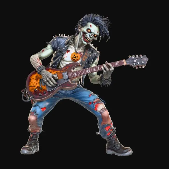 3D model for Create a hyper-detailed 3D model of a menacing undead rock mascot playing an electric guitar, pumpkin medaallion necklace, inspired by classic heavy metal album art. The character should have decaying flesh, glowing red eyes, and a crazed grin with visible teeth. His body is thin but muscular, with leathery, weathered skin and exaggerated facial features — especially the cheekbones and jawline. Style the character’s hair as wild and stringy, like a horror movie ghoul. He should wear tattered jeans, combat boots, and a ripped shirt or jacket with metal-studded accessories. The overall tone should feel rebellious, intense, and energetic, as if he’s the embodiment of heavy metal music. Use dramatic lighting, strong contrasts, and a gritty, hand-painted texture style, #Halloween2025#