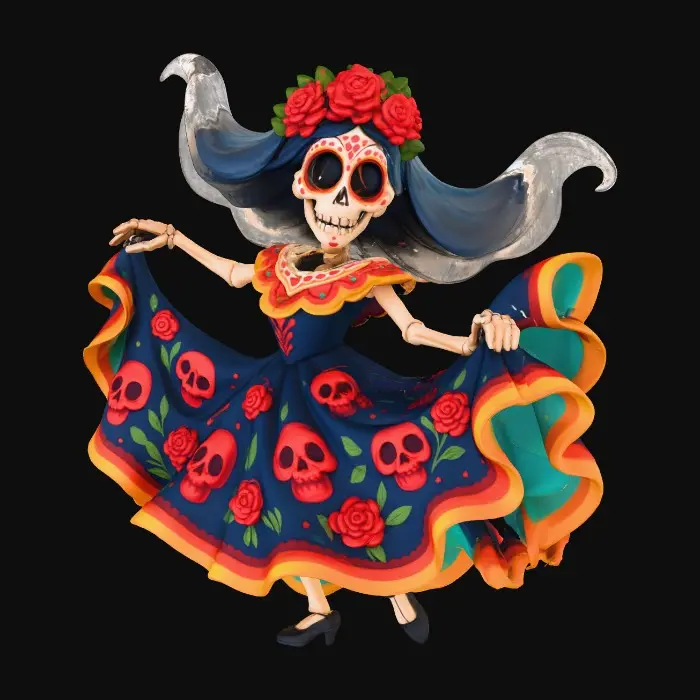 3D model for Calavera Dancer, La Catrina Dancer

graceful skeleton woman swirling colorful dress patterned with skulls and roses, veil flowing like smoke, textures: silk fabric folds, matte bone surface, glowing edge trim, translucent fabric motion, full-body symmetrical, #Halloween2025#