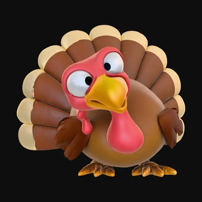 3D model for Curious TurkeyGoofy Turkey With Big Eyeballs

A 3D cartoon turkey with oversized googly eyes, a long wobbling wattle, and exaggerated Pixar-style facial features, inspired by Chicken Run clay aesthetics. Feathers are chunky and stylized, with a rounded belly and tiny wings. The turkey stands in a goofy pose with one eyebrow lifted. Soft studio lighting on a crisp white background.
, #Thanksgiving#