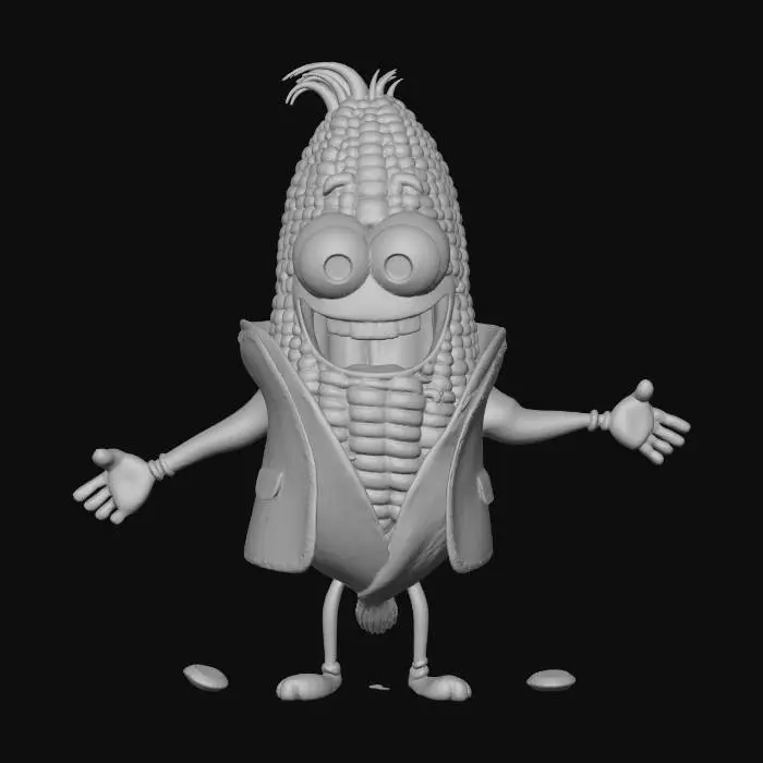 3D model for A joyful anthropomorphic corn-on-the-cob man standing on a clean white background. His husk looks like a playful jacket, with thin corn-silk arms and legs. He has big, friendly cartoon eyes and a wide happy smile. A few big bites are taken out of his corn body, with a couple kernels falling away, but he still looks delighted. Add a small, lHigh-detail 3D character, glossy kernels, soft studio lighting, bright and upbeat mood., #Thanksgiving#