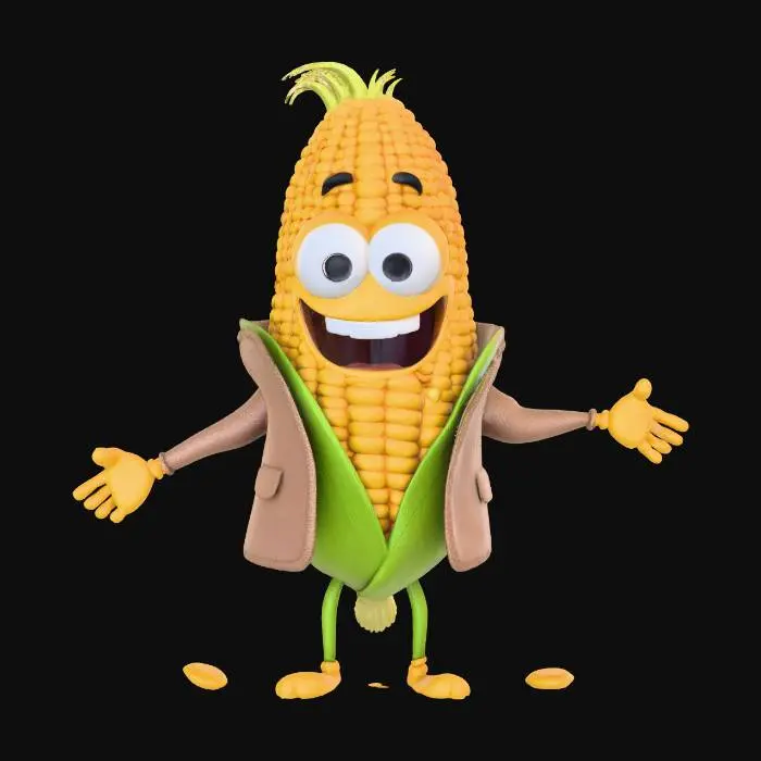 3D model for A joyful anthropomorphic corn-on-the-cob man standing on a clean white background. His husk looks like a playful jacket, with thin corn-silk arms and legs. He has big, friendly cartoon eyes and a wide happy smile. A few big bites are taken out of his corn body, with a couple kernels falling away, but he still looks delighted. Add a small, lHigh-detail 3D character, glossy kernels, soft studio lighting, bright and upbeat mood., #Thanksgiving#