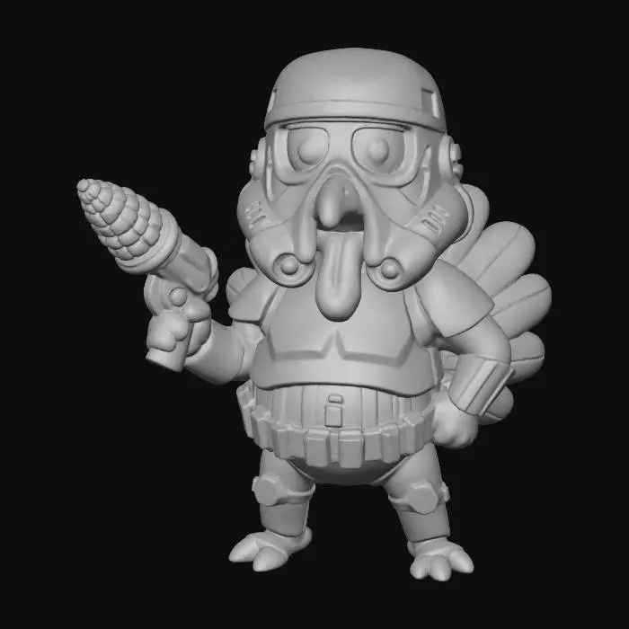 3D model for A goofy cartoon turkey dressed in a playful sci-fi “trooper-style” costume, with shiny white armor redesigned for a round belly and a puffed feather tail. The oversized helmet sits slightly crooked, giving it a silly personality. The turkey stands in a stiff, awkward pose while holding a harmless “corn-powered gadget” shaped like a toy blaster. Bright Pixar-like lighting on a clean white background, Chicken Run–style textures., #Thanksgiving#