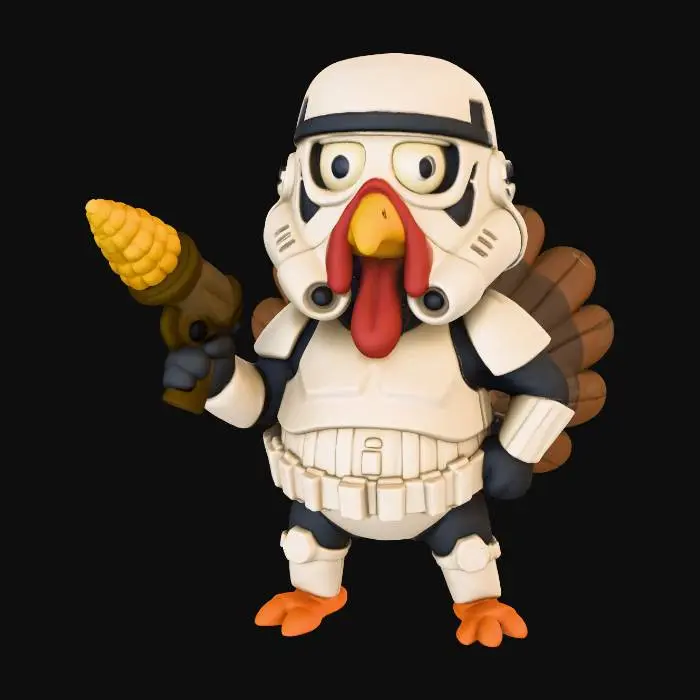 3D model for A goofy cartoon turkey dressed in a playful sci-fi “trooper-style” costume, with shiny white armor redesigned for a round belly and a puffed feather tail. The oversized helmet sits slightly crooked, giving it a silly personality. The turkey stands in a stiff, awkward pose while holding a harmless “corn-powered gadget” shaped like a toy blaster. Bright Pixar-like lighting on a clean white background, Chicken Run–style textures., #Thanksgiving#