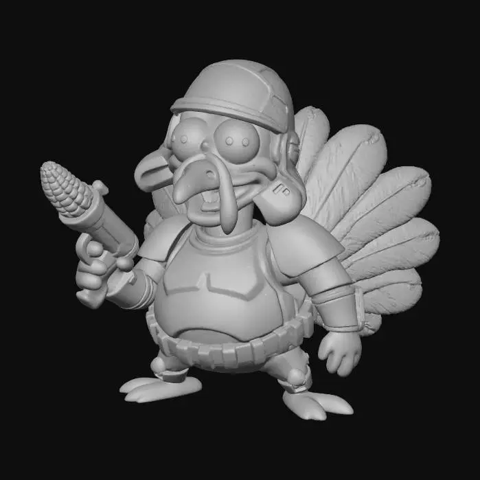 3D model for A goofy cartoon turkey dressed in a playful sci-fi “trooper-style” costume, with shiny white armor redesigned for a round belly and a puffed feather tail. The oversized helmet sits slightly crooked, giving it a silly personality. The turkey stands in a stiff, awkward pose while holding a harmless “corn-powered gadget” shaped like a toy blaster. Bright Pixar-like lighting on a clean white background, Chicken Run–style textures., #Thanksgiving#