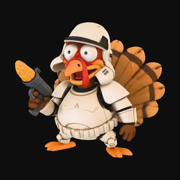 3D model for A goofy cartoon turkey dressed in a playful sci-fi “trooper-style” costume, with shiny white armor redesigned for a round belly and a puffed feather tail. The oversized helmet sits slightly crooked, giving it a silly personality. The turkey stands in a stiff, awkward pose while holding a harmless “corn-powered gadget” shaped like a toy blaster. Bright Pixar-like lighting on a clean white background, Chicken Run–style textures., #Thanksgiving#