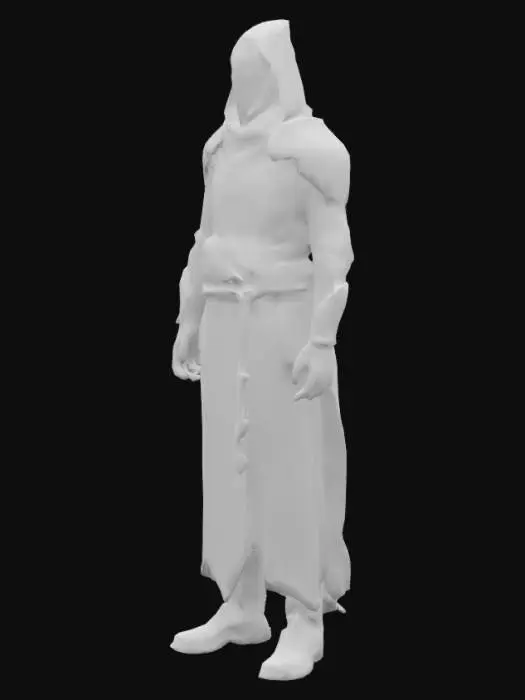 3D model for A 3D humanoid mage inspired by Souls-like games (Elden Ring, Dark Souls). The character wears detailed, dark medieval mage robes with fitted, practical design and intricate arcane patterns. The outfit includes subtle metallic armor elements like shoulder pads and a belt, but absolutely no cloak or cape. Hands are empty and relaxed at the sides. The face is uncovered or partially covered with a simple mask or hood (no horns). The mage looks mysterious, battle-ready, and agile, suitable for a dark, ruined arena inside a mountain.