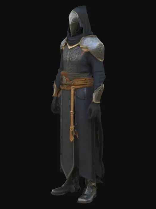 3D model for A 3D humanoid mage inspired by Souls-like games (Elden Ring, Dark Souls). The character wears detailed, dark medieval mage robes with fitted, practical design and intricate arcane patterns. The outfit includes subtle metallic armor elements like shoulder pads and a belt, but absolutely no cloak or cape. Hands are empty and relaxed at the sides. The face is uncovered or partially covered with a simple mask or hood (no horns). The mage looks mysterious, battle-ready, and agile, suitable for a dark, ruined arena inside a mountain.
