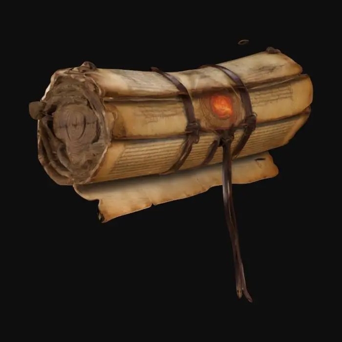3D model for "A medieval magic scroll, tightly rolled and secured with a leather cord, ready for sale on a wooden shelf. The parchment appears aged, with slightly tattered edges and faint arcane inscriptions visible along its surface. A glowing fireball emblem is embossed on the outer layer, hinting at the powerful spell within. The shelf is part of an old magical shop, dimly lit by candlelight, with other scrolls and mystical artifacts surrounding it.