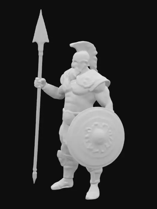3D model for A towering giant, Goliath stands in the Valley of Elah, clad in gleaming bronze armor with deep battle scars. His iron-tipped spear is massive, and a huge shield rests by his side. His fierce eyes, under an engraved bronze helmet, radiate power and intimidation. Muscles ripple beneath his armor as dust swirls at his feet. The sun casts dramatic shadows over the battlefield, where distant armies watch in silence. A hyper-realistic, cinematic 3D render with intricate textures and dynamic lighting.