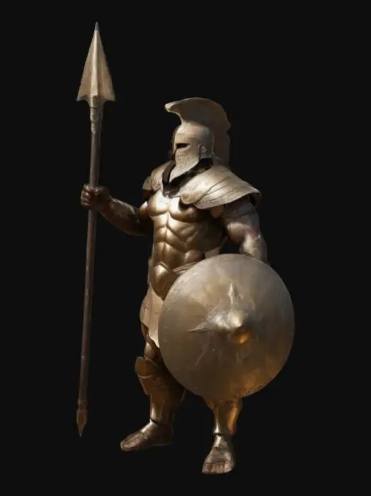 3D model for A towering giant, Goliath stands in the Valley of Elah, clad in gleaming bronze armor with deep battle scars. His iron-tipped spear is massive, and a huge shield rests by his side. His fierce eyes, under an engraved bronze helmet, radiate power and intimidation. Muscles ripple beneath his armor as dust swirls at his feet. The sun casts dramatic shadows over the battlefield, where distant armies watch in silence. A hyper-realistic, cinematic 3D render with intricate textures and dynamic lighting.