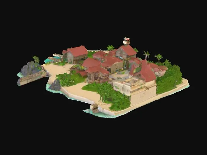 3D model for Modifique a ilha existente estilo anime/One Piece em low poly/cartoon para Roblox. Aumente o tamanho da ilha e adicione mais casas piratas coloridas. Inclua uma base da marinha com edifícios simples e torres, docks e cercas. Adicione um porto funcional na praia cor de areia clara, com píeres e barcos. Vegetação: árvores tropicais verdes, coqueiros, arbustos e grama irregular. Mar azul com ondas leves, céu ensolarado azul com nuvens brancas. Cores vivas e saturadas, contornos suaves, explorável e otimizado para Roblox Studio.