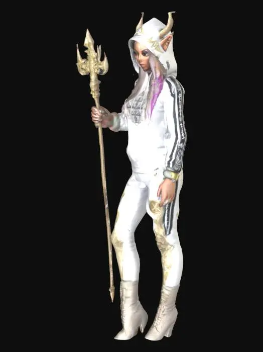 3D model for fantasy female elf queen rappers baggy adidas tracksuit hooded clothes and bling fantasy symbols and runes